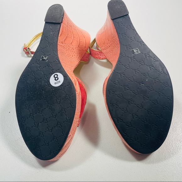 Franco Sarto Red and Pink Faux Snakeskin Ankle Wrap Wedges 8 - Picture 2 of 12